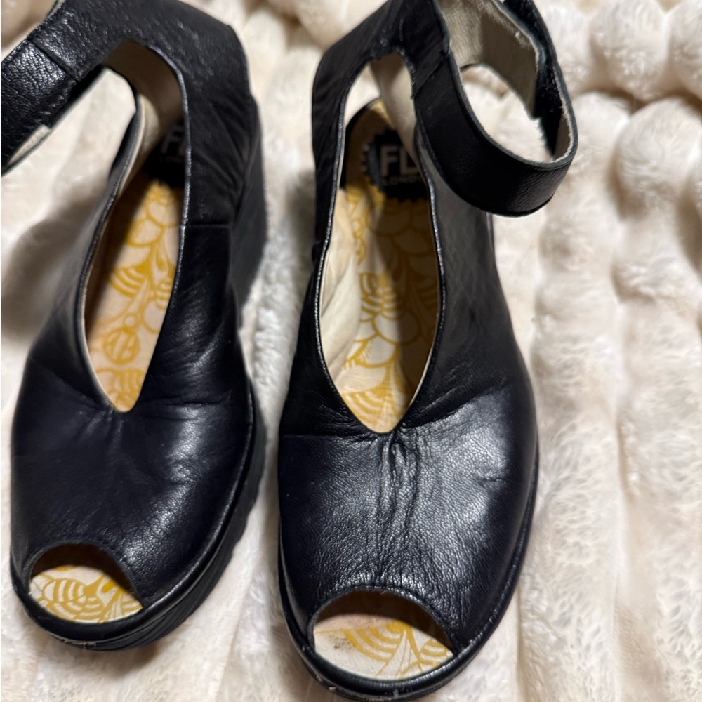 Fly London Black Leather Peep Toe Heels